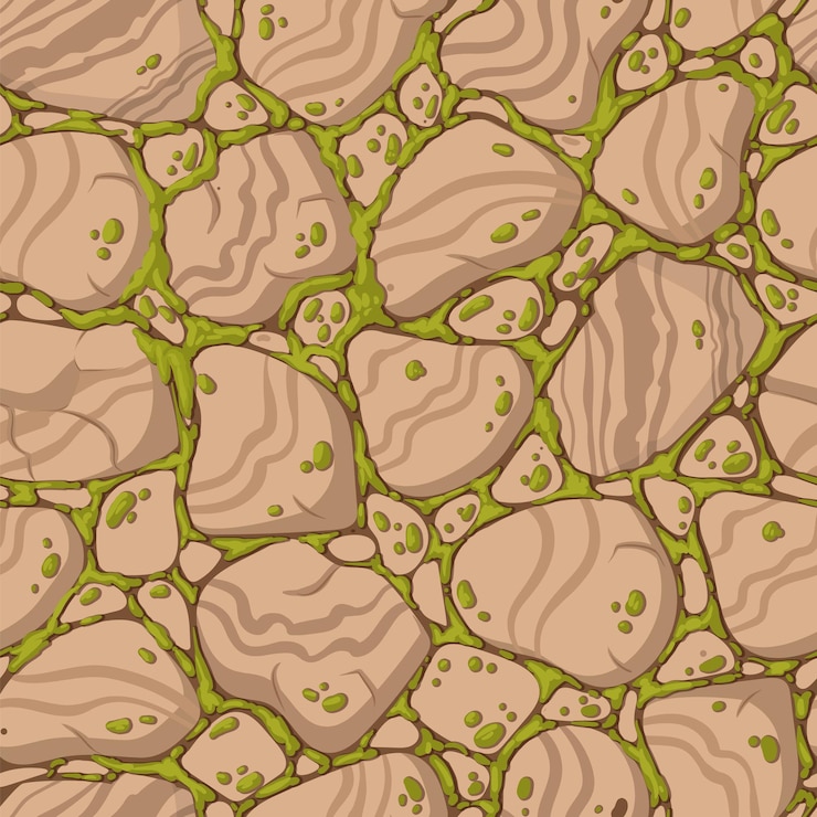 Vector pavement stone with moss cartoon green moss plant creeps on pavement stone seamless pattern paved path flat vector background illustration