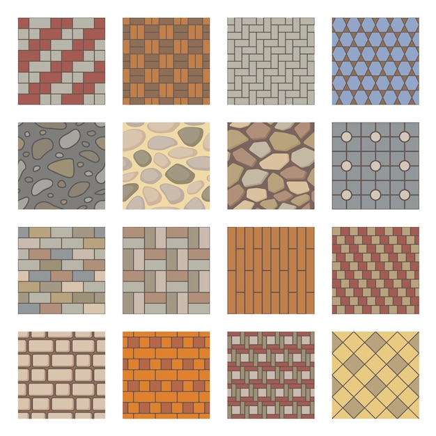 Vector paving stones seamless pattern city street pavements tiles park path landscaping elements pavements stone tile brick texture vector set