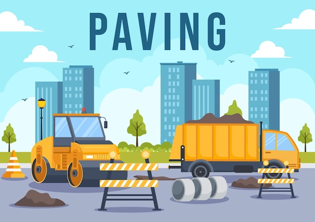 Vector paving vector illustration with road construction and highway maintenance workers working