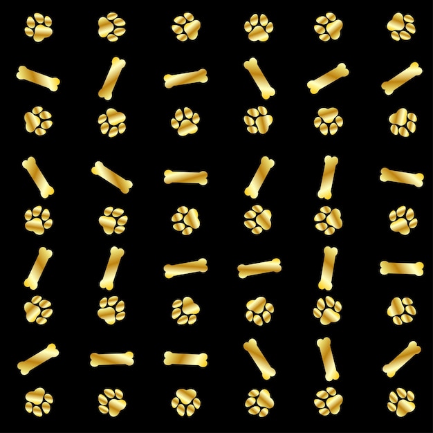 Paw and bone gold pattern on black background.