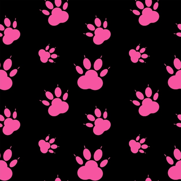 Paw pattern, seamless vector pattern silhouettes of paw, cat s feet, dog s footprint. pink on black background.