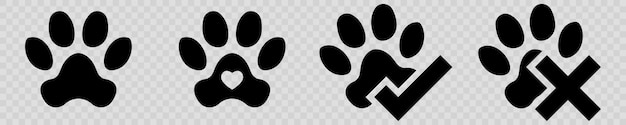 Paw pets set icons Hart en huisdier pootafdruk hond kat icoon Geen hond en kat teken en met groen ok icoon