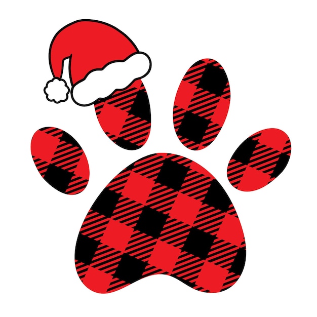 Vector paw print with buffalo plaid pattern. happy new year and merry christmas illustration