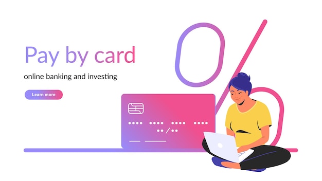 Pay by card for online banking and investing creative banner. flat line vector illustration of woman sitting alone in lotus pose with laptop and credit card. bank interest icon on white background