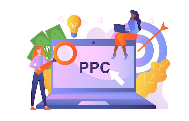 Pay per click concept tekens naast een grote laptop wijzen op de inscriptie ppc meisjes met een