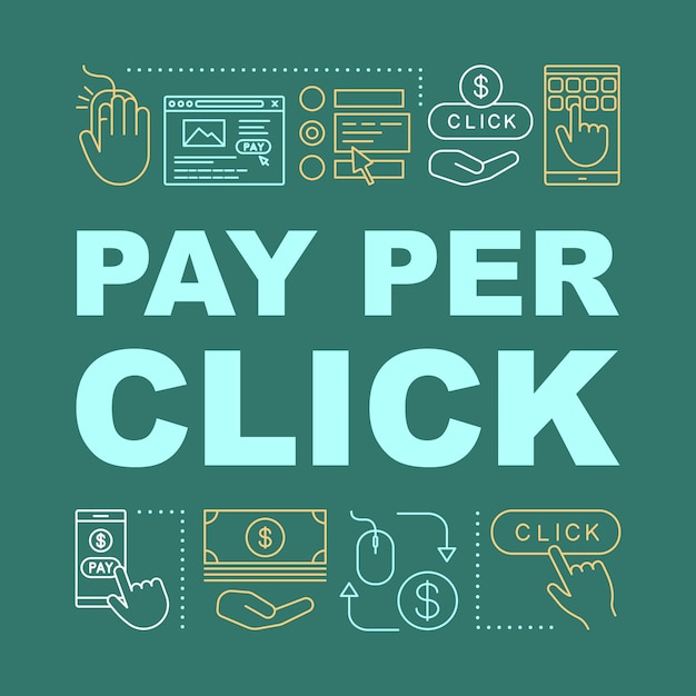 Banner di concetti di parole pay per click. modello pubblicitario su internet. strategia di marketing. presentazione, sito web. idea di tipografia scritta isolata con icone lineari. illustrazione di contorno vettoriale