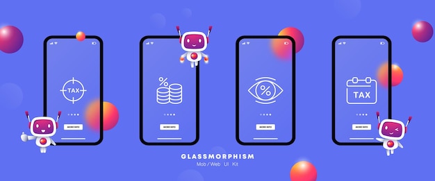 세금 설정 아이콘 재무 관리 동전 백분율 눈 달력 시간 숨겨진 비용을 지불하지 않는 투명 비즈니스 개념 Glassmorphism UI 전화 앱 화면 비즈니스를 위한 벡터 라인 아이콘