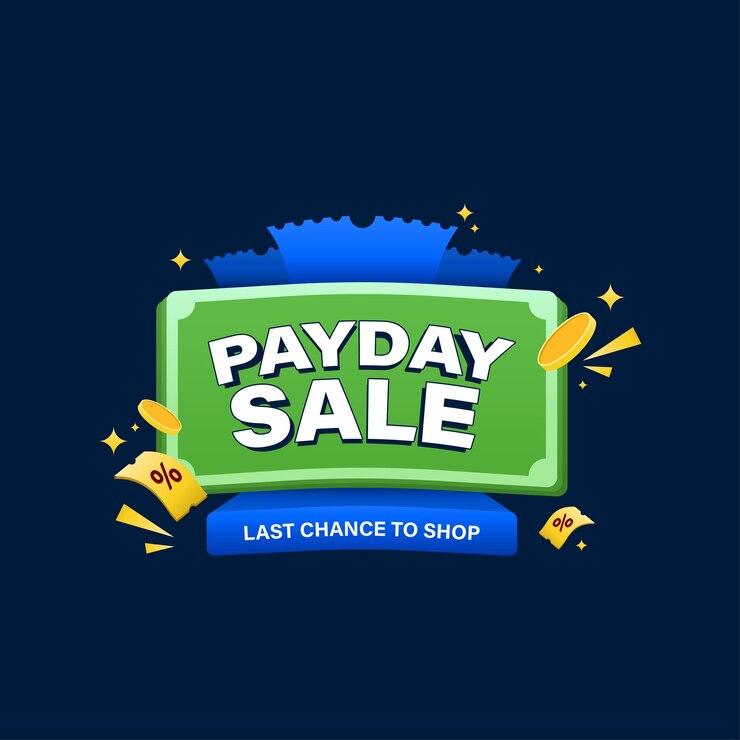 Payday sale promotion banner with coin money and flying discount voucher illustration