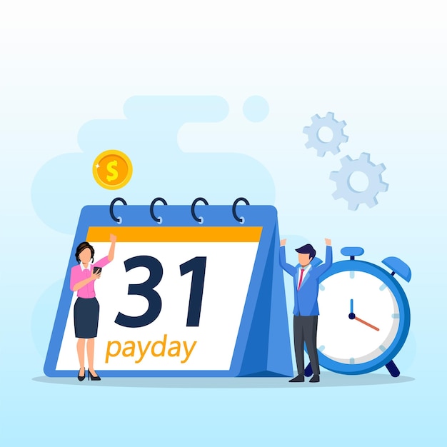 Payday vector concept business people feeling happy while getting money and standing with calendar and alarm clock