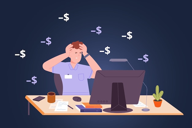 Paying stress Sad worker financial troubles depressed man at work desk bad finances money budget lost bill job risks debts pay data tax rent boss bankruptcy vector illustration of problem worker