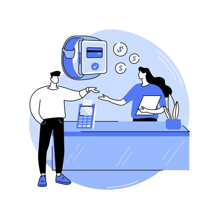 Vector paying with smartwatch isolated cartoon vector illustrations