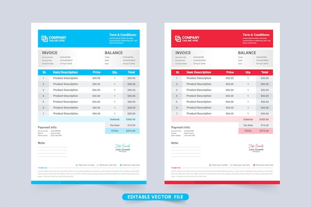 Payment agreement and invoice template vector with cyan and red color product buy and sell billing invoice design with payment information minimal invoice template with price receipt vector