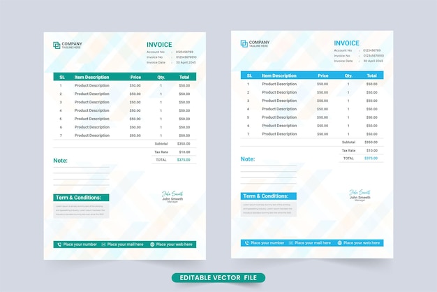 Payment Agreement and invoice template with digital shapes Business Invoice and payment receipt template vector Cash receipt design with green and blue color shapes Corporate invoice decoration