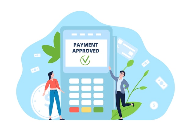 Payment approved in bank card pay terminal Cashless in store or online shop Financial banking vector concept with happy flat business characters Illustration of payment transaction by terminal