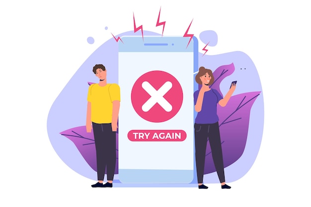 Vector payment error info message on smartphone. customer cross marks failure.