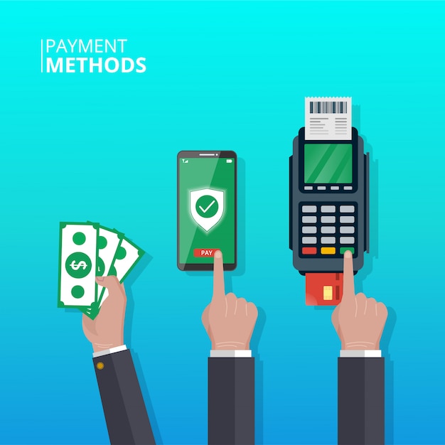 Payment methods concept. hand with different payment methods in transactions. smartphone, money and dataphone symbol.