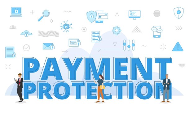 Payment protection concept with big words and people surrounded by related icon with blue color style