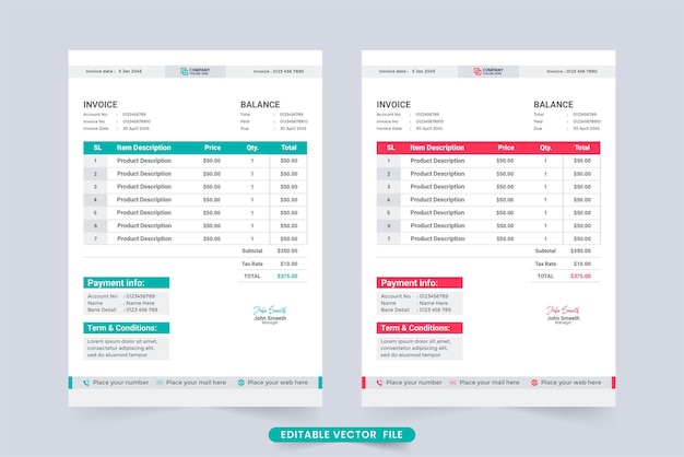 Payment receipt and invoice template decoration with blue and red colors creative business invoice template design for product information invoice template vector with payment agreement section