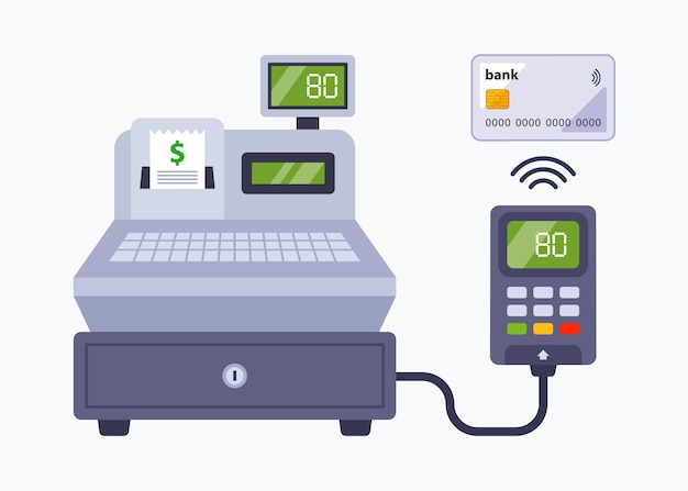 Vettore pagamento in negozio con carta di credito. pagamento senza contatto tramite un registratore di cassa in un supermercato. illustrazione vettoriale piatto.