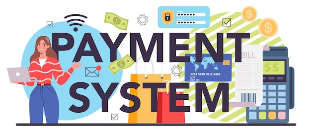 Payment system typographic header people forming a business on the internet ecommerce idea of digital sale on website modern technology flat vector illustration