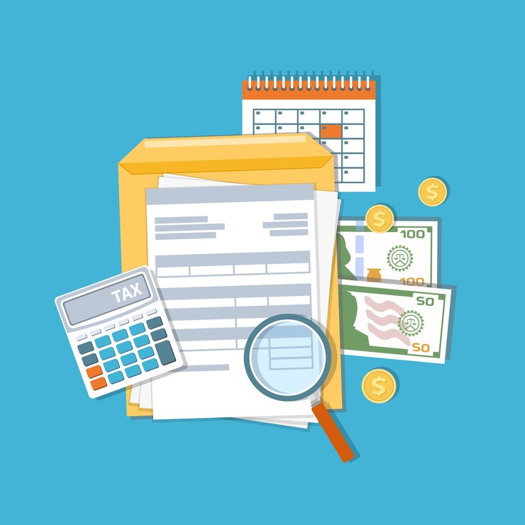 Vector payment of tax and accounts concept. financial calendar, money, cash, gold coins, calculator, magnifying glass invoices, bills. payday .  illustration