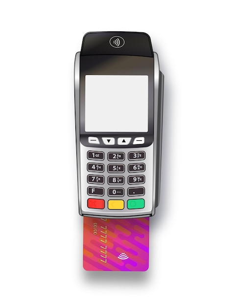 チップ付きクレジットカードによる端末経由での支払い。支払い機。モックアップ。白い背景で隔離のベクトル現実的な銀