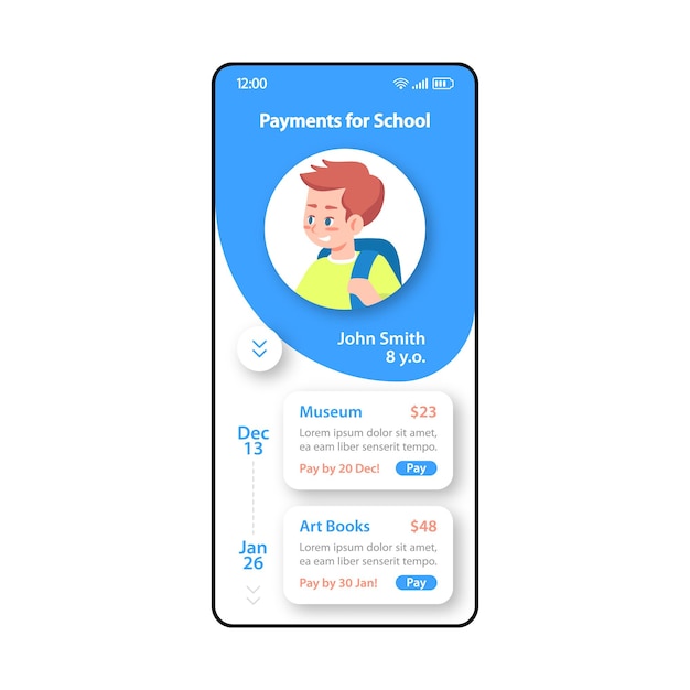 Pagamenti per il modello di vettore dell'interfaccia smartphone della scuola. layout di progettazione blu e bianco della pagina dell'app mobile. schermata di mobile banking. interfaccia utente piatta per l'applicazione. pagamento in linea. scuola privata. display del telefono