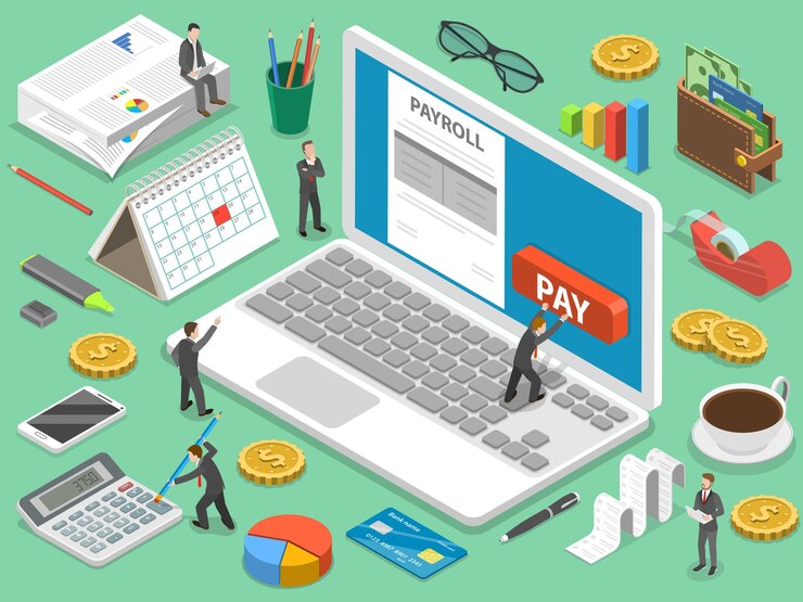 Vector payroll flat isometric concept of salary payment, financial calendar, expenses calculator.