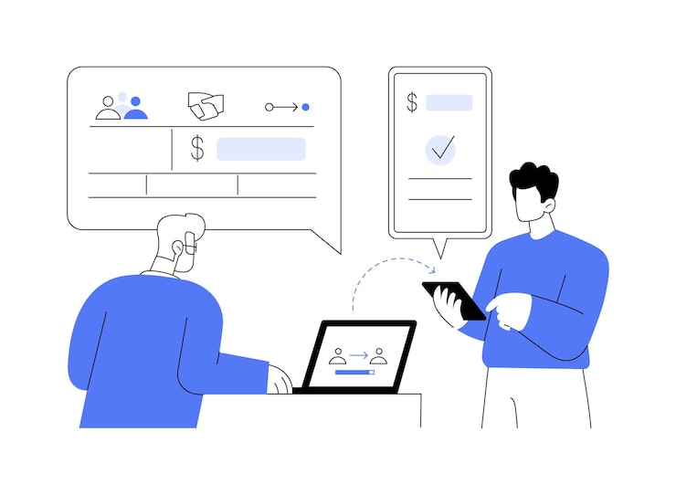 Vector 급여 처리 추상 개념 벡터 일러스트 소프트웨어를 사용하여 비즈니스 프로세스를 자동화하는 사람 it 기술 데이터 전송 기계 학습 지불 추상 은유 수신