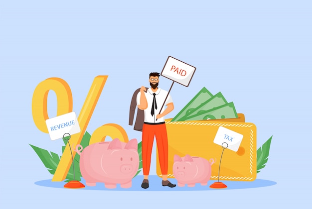Payroll tax flat concept illustration. businessman, taxpayer, employee paying income fee 2d cartoon character for web design. taxation rate, deduction from workers wages creative idea
