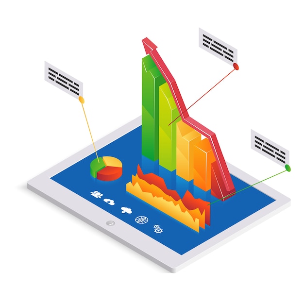 Modello di analisi o infografica per pc con un grafico a barre 3d con una tendenza al rialzo sul touchscreen di un tablet-pc insieme a un grafico a torta e un grafico fluttuante con illustrazione vettoriale di caselle di testo