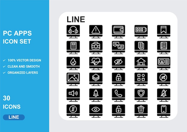 Pc-apps glyph-pictogrammen met witte achtergrond vrije vector