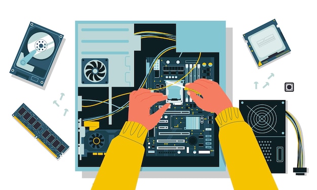 PC assembly Personal computer components service and maintenance gaming PC upgrade with SSD CPU and GPU Vector concept