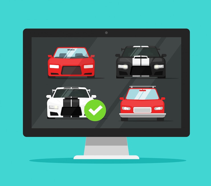 Vector pc computer rental vehicle internet shop website comparison with choosing automobiles