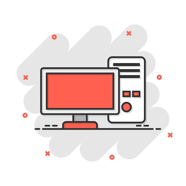 Pc computerpictogram in komische stijl Desktop cartoon vectorillustratie op witte geïsoleerde achtergrond Apparaat monitor splash effect bedrijfsconcept