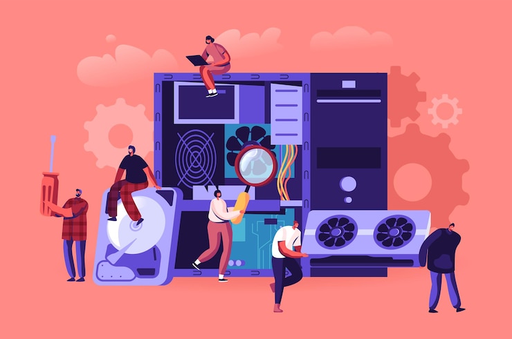 Vector pc hardware fixing service concept. cartoon flat illustration