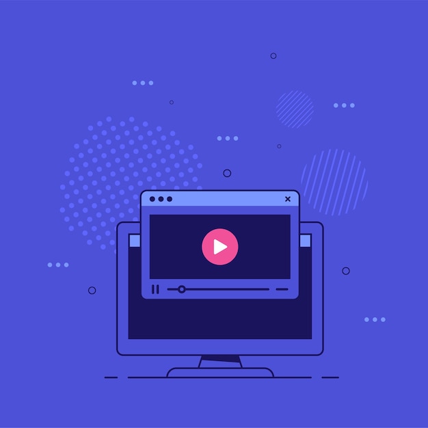 画面にビデオプレーヤーを備えたPCモニター。オンラインビデオ、映画、教材、ウェブコースs。