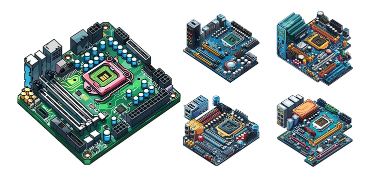Vector pc motherboards isometric vector set semiconductor personal computer building microelectronics processor chip device components isolated on white background