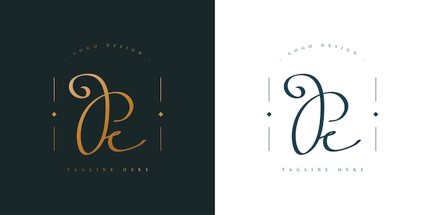 Design del logo iniziale pc o pe con stile di scrittura a mano in gradiente dorato. elegante logo o simbolo della firma per pc o pe per matrimoni, moda, gioielli, boutique e identità aziendale