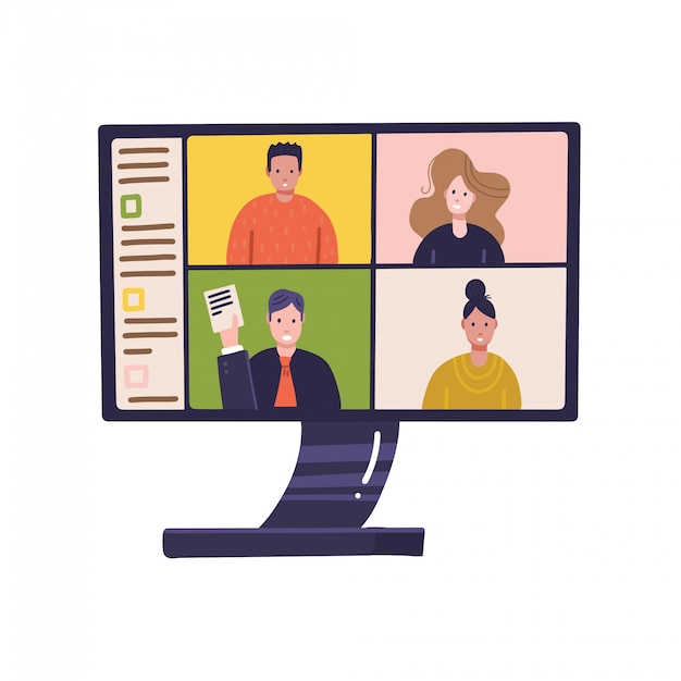 Vector pc screen with online distant conference on monitor with people participating in business meeting from home. work in home, self isolation, quarantine corona virus, freelance concept. flat