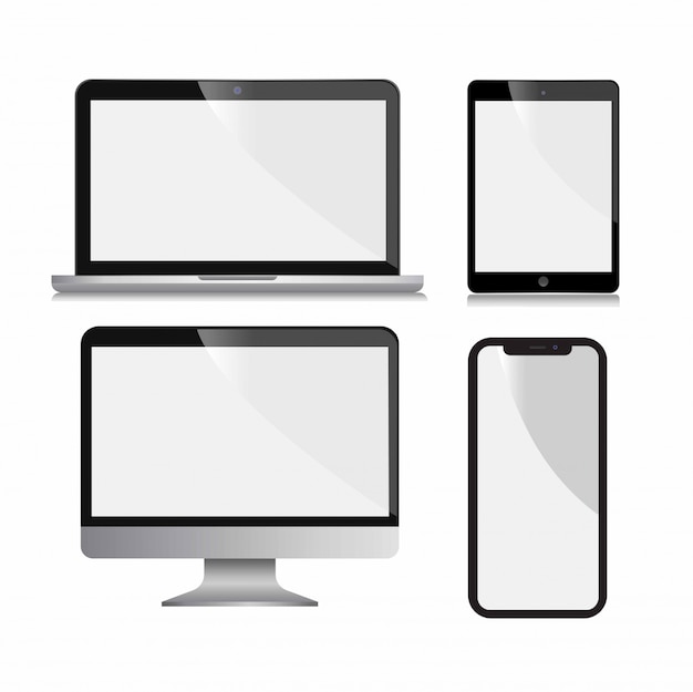 Pc, smartphone, laptop, tablet con modello di mockup blackground bianco