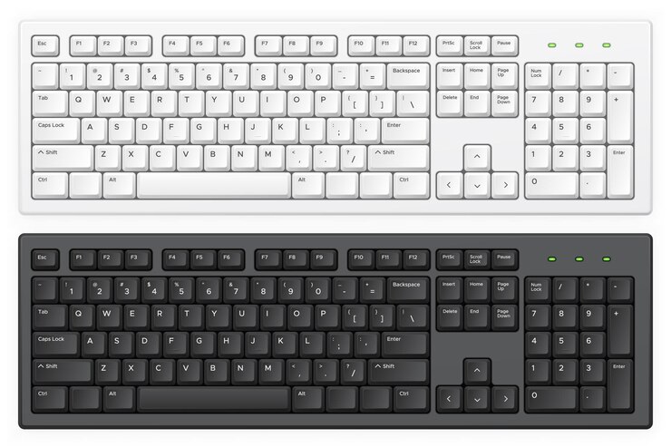 Vector pc white and black keyboards with english qwerty alphabet