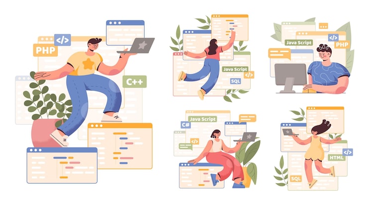 Vector pc 작업 컴퓨터 프로그래머 캐릭터 인터넷 업계에서 웹 사이트를 만드는 사람들 프로그래밍 언어 개발자 노트북 화면 창 백엔드 자바 코더 세트 터 일러스트