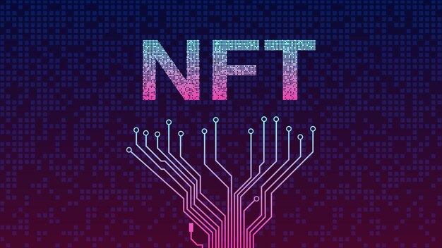 하단의 Pcb 트랙 및 무너진 텍스트 Ntf 대체 불가능한 토큰 떨어지는 황금 큐브에서 보라색 배경의 블록에서 조각난 텍스트 웹 사이트 헤더 또는 배너 벡터 일러스트 레이 션