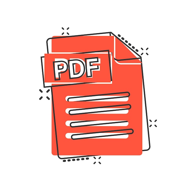 Vector pdf-pictogram in komische stijl document tekst cartoon vectorillustratie op witte geïsoleerde achtergrond archief splash effect bedrijfsconcept