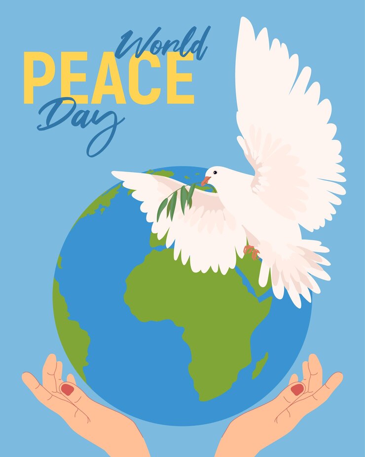 Vector peace day hands hold a globe earth dove with an olive branch flat illustration in cartoon style vector the concept of hope sign of freedom and independence a manifestation of the holy spirit