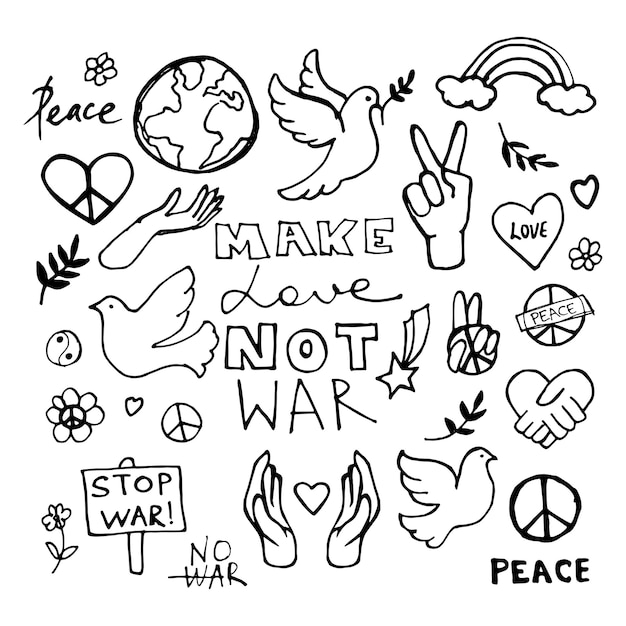 Vector peace doodle set vector hippie illustration make love not war vector illustration