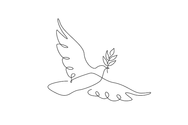 Colomba della pace con ramo d'ulivo in un disegno a linea continua uccello e ramoscello simbolo di pace e libertà in semplice stile lineare icona piccione doodle illustrazione vettoriale