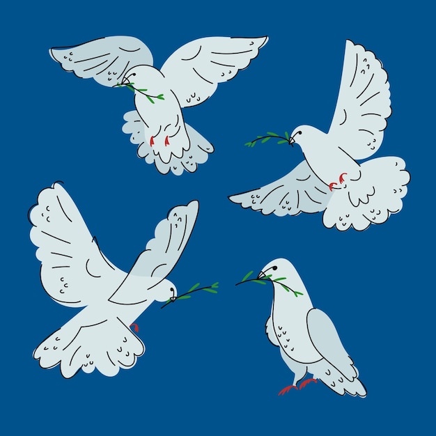 Peace dove with olive branch vector set on blue background bird and twig symbol of peace and freedom