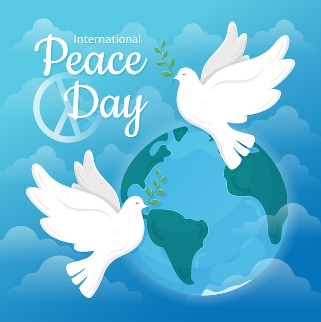 Peace doves planet earth blue background anti war peace symbols banner international world peace day